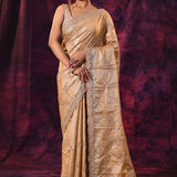 Gold Saree With All-Over Tikki Work And Scalloped Geometric Border