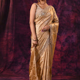 Gold Saree With All-Over Tikki Work And Scalloped Geometric Border