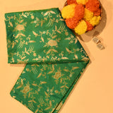 Emerald Green Gold Zari All-Over Floral Rose Vine Pure Silk Banarasi Saree With Chevron Border