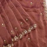 Rust Brown Georgette Saree With Hand Embroidered Butti And Scalloped Border
