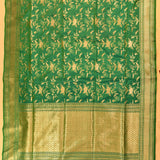 Emerald Green Gold Zari All-Over Floral Rose Vine Pure Silk Banarasi Saree With Chevron Border