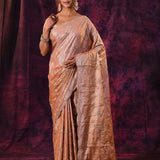 Rose Gold Saree With Criss-Cross Floral Lattice Embroidery And Wide Scalloped Border