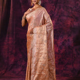 Rose Gold Saree With Criss-Cross Floral Lattice Embroidery And Wide Scalloped Border