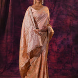 Rose Gold Saree With Criss-Cross Floral Lattice Embroidery And Wide Scalloped Border