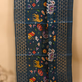 Petrol Blue Ikat-Print Saree With Giraffe Motif And Sequin Border