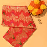 Red Gold Zari Meenakari Chevron Butti Pure Silk Banarasi Saree With Dense Gold Floral Jaal Pallu