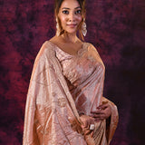 Rose Gold Saree With Criss-Cross Floral Lattice Embroidery And Wide Scalloped Border