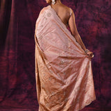 Rose Gold Saree With Criss-Cross Floral Lattice Embroidery And Wide Scalloped Border