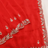 Red Georgette Saree With Hand Embroidered Mirror Work Border