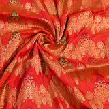Red Gold Zari Meenakari Chevron Butti Pure Silk Banarasi Saree With Dense Gold Floral Jaal Pallu