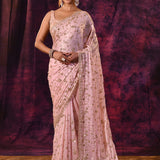 Baby Pink Saree With All-Over Hand Embroidered Floral Vine Work