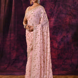 Baby Pink Saree With All-Over Hand Embroidered Floral Vine Work