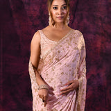 Baby Pink Saree With All-Over Hand Embroidered Floral Vine Work