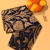 Ink Blue Copper Zari Large Lotus Floral Jaal Pure Silk Banarasi Saree With Geometric Self Border