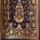 Ink Blue Copper Zari Large Lotus Floral Jaal Pure Silk Banarasi Saree With Geometric Self Border