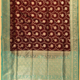 Deep Maroon Silver Zari Floral Jaal Pure Silk Banarasi Saree With Contrast Turquoise Arch Pallu