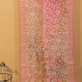 Red & Peach Organza Saree With White Chikankari Style Floral Jaal Print & Gold Zari Border