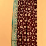 Deep Maroon Silver Zari Floral Jaal Pure Silk Banarasi Saree With Contrast Turquoise Arch Pallu