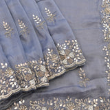 Grey Blue Georgette Saree With Hand Embroidered Butterfly And Leaf Border