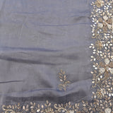 Grey Blue Georgette Saree With Hand Embroidered Butterfly And Leaf Border
