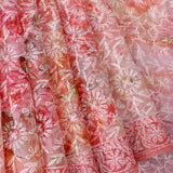 Red & Peach Organza Saree With White Chikankari Style Floral Jaal Print & Gold Zari Border