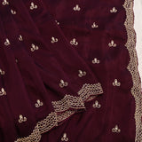 Wine Maroon Georgette Saree With All Over Hand Embroidered Butti And Chevron Border