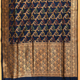 Deep Navy Blue Gold Zari Meenakari Paisley Vine Pure Silk Banarasi Saree With Dense Gold Floral Pallu