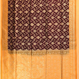 Deep Purple Gold Zari Floral Jaal Pure Silk Banarasi Saree With Contrast Marigold Yellow Pallu