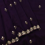 Deep Purple Georgette Saree With Hand Embroidered Floral Butti And Crown Border