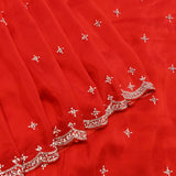 Red Georgette Saree With All Over Hand Embroidered Star Motifs And Chevron Border