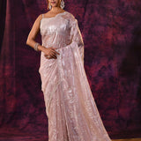 Soft Lavender Shimmer With Silver Hand Embroidery And Scalloped Border Organza Saree