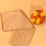 Beige & Red Silver Zari Geometric Floral Jaal Pure Silk Banarasi Saree With Contrast Red Pallu