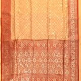 Beige & Red Silver Zari Geometric Floral Jaal Pure Silk Banarasi Saree With Contrast Red Pallu