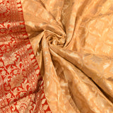 Beige & Red Silver Zari Geometric Floral Jaal Pure Silk Banarasi Saree With Contrast Red Pallu