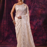 Ivory Shimmer With Silver Hand Embroidery And Scalloped Border Organza Saree