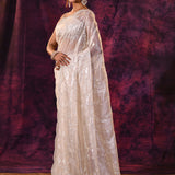 Ivory Shimmer With Silver Hand Embroidery And Scalloped Border Organza Saree