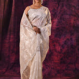 Ivory Shimmer With Silver Hand Embroidery And Scalloped Border Organza Saree