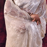 Ivory Shimmer With Silver Hand Embroidery And Scalloped Border Organza Saree