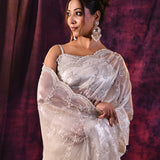 Ivory Shimmer With Silver Hand Embroidery And Scalloped Border Organza Saree