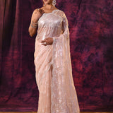 Pearl Pink With Silver Hand Embroidery And Scalloped Border Organza Saree
