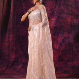 Pearl Pink With Silver Hand Embroidery And Scalloped Border Organza Saree