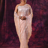 Pearl Pink With Silver Hand Embroidery And Scalloped Border Organza Saree