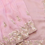 Baby Pink Georgette Saree With Hand Embroidered Mirror And Pearl Floral Border