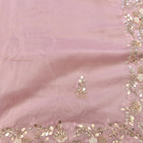 Baby Pink Georgette Saree With Hand Embroidered Mirror And Pearl Floral Border