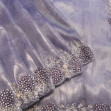 Lavender Grey Woven Saree With Hand Embroidered Pearl Floral Border