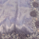 Lavender Grey Woven Saree With Hand Embroidered Pearl Floral Border