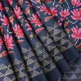 Charcoal Navy Ikat-Print Saree With Abstract Floral Motifs And Sequin Border