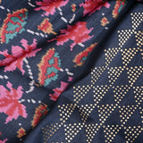 Charcoal Navy Ikat-Print Saree With Abstract Floral Motifs And Sequin Border