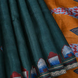 Teal & Mustard Kalamkari Print Saree With Silver Woven Border