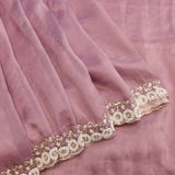 Dusty Mauve Georgette Saree With Hand Embroidered Pearl Medallion Border
